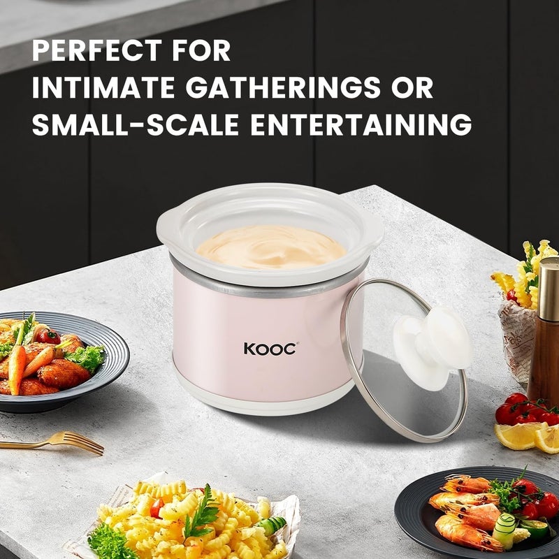 KOOC Small Slow Cooker, 0.65 Quart, Free Liners Included, Upgraded Ceramic Pot, Nutrient Loss Reduction, Sauces, Stews & Dips, Stainless Steel, Pink, Round - Image 3